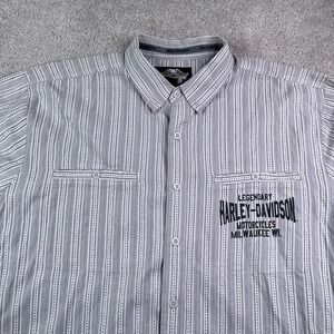 Harley Davidson Shirt Mens 2XL XXL Grey Stripes Logo Biker Button Up Lightweight